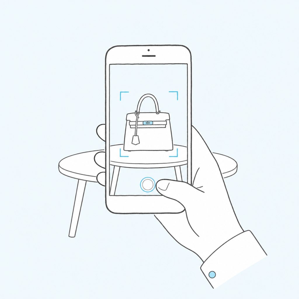 スマホでお品物を撮影して査定するイラスト